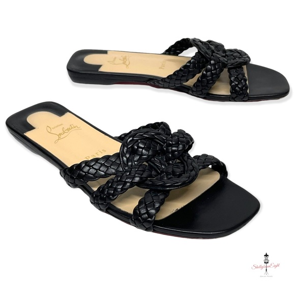CHRISTIAN LOUBOUTIN Marilla Flats Woven Leather Slides Sandals Red Soles 38.5 - Picture 6 of 15